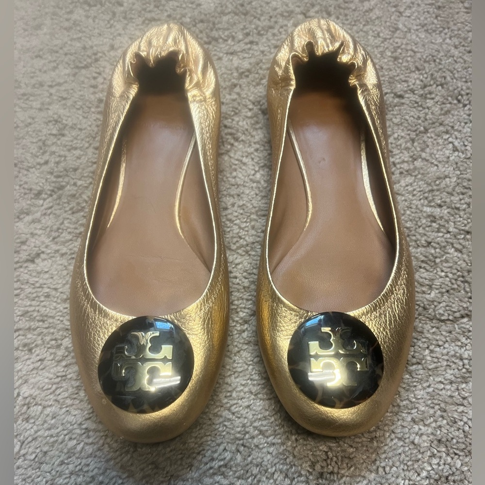 Tory Burch Metallic Gold Flats with Logo Accent